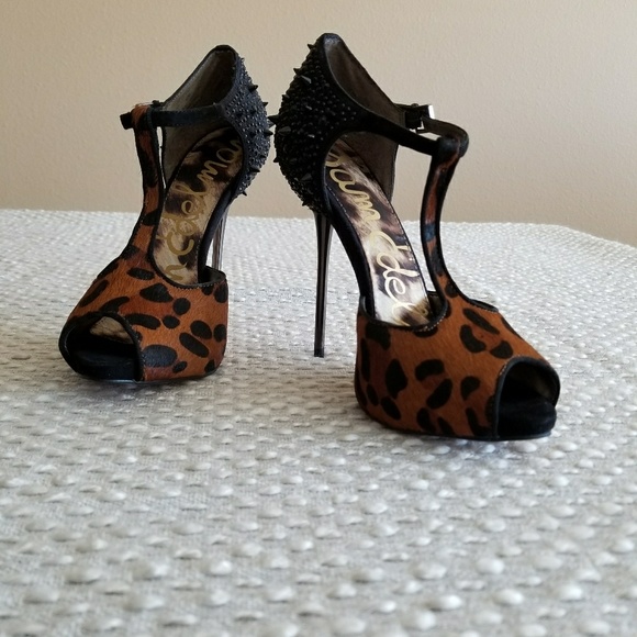 Sam Edelman Peeptoe leopard print heels 4.5" - Picture 1 of 5